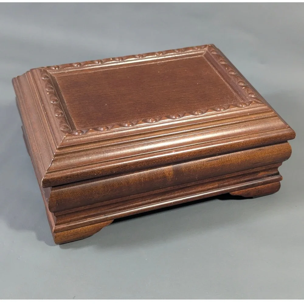 Vintage Wooden Jewelry Box Dark Wood Green Velvet Lining Carved Detail Organizer